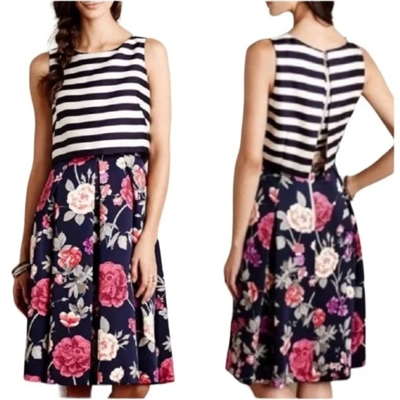 Anthropologie Moulinette Soeurs Split Print Striped & Floral Dress - Picture 1 of 10